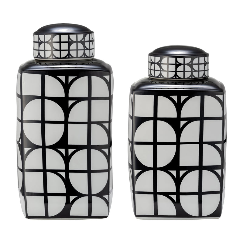 CER, 18H SQUARE JAR W/ LID, BLACK/WHITE
