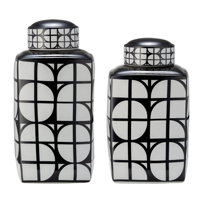CER, 18H SQUARE JAR W/ LID, BLACK/WHITE