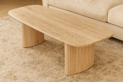 52"catalina Travertine&fluted Wood Coffee Table/kd - Al Rugaib Furniture