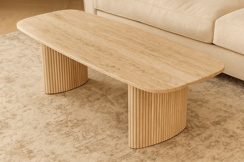 52"catalina Travertine&fluted Wood Coffee Table/kd - Al Rugaib Furniture