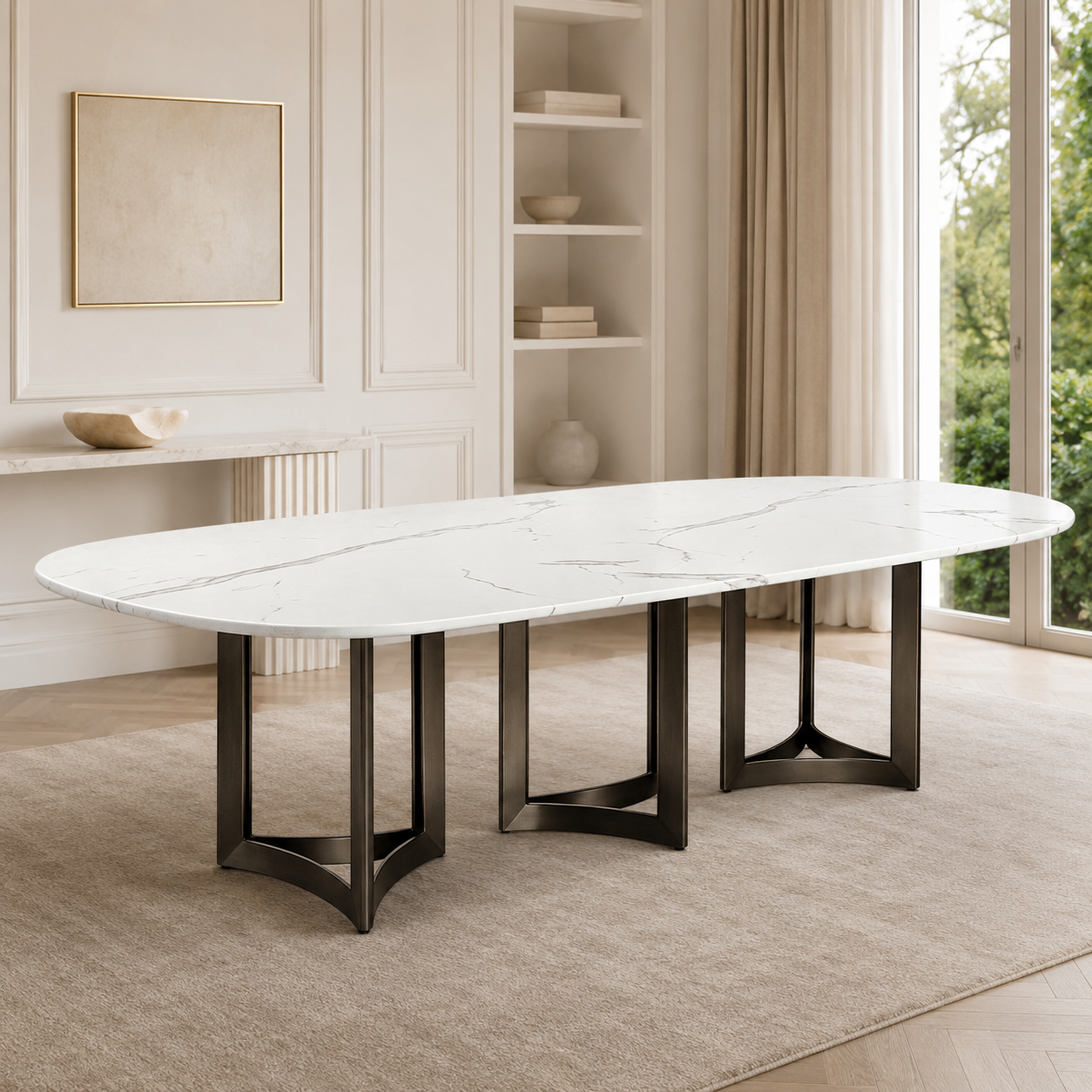 Alexa Dining Table Bronze Base and 395 Oval CM White Marble