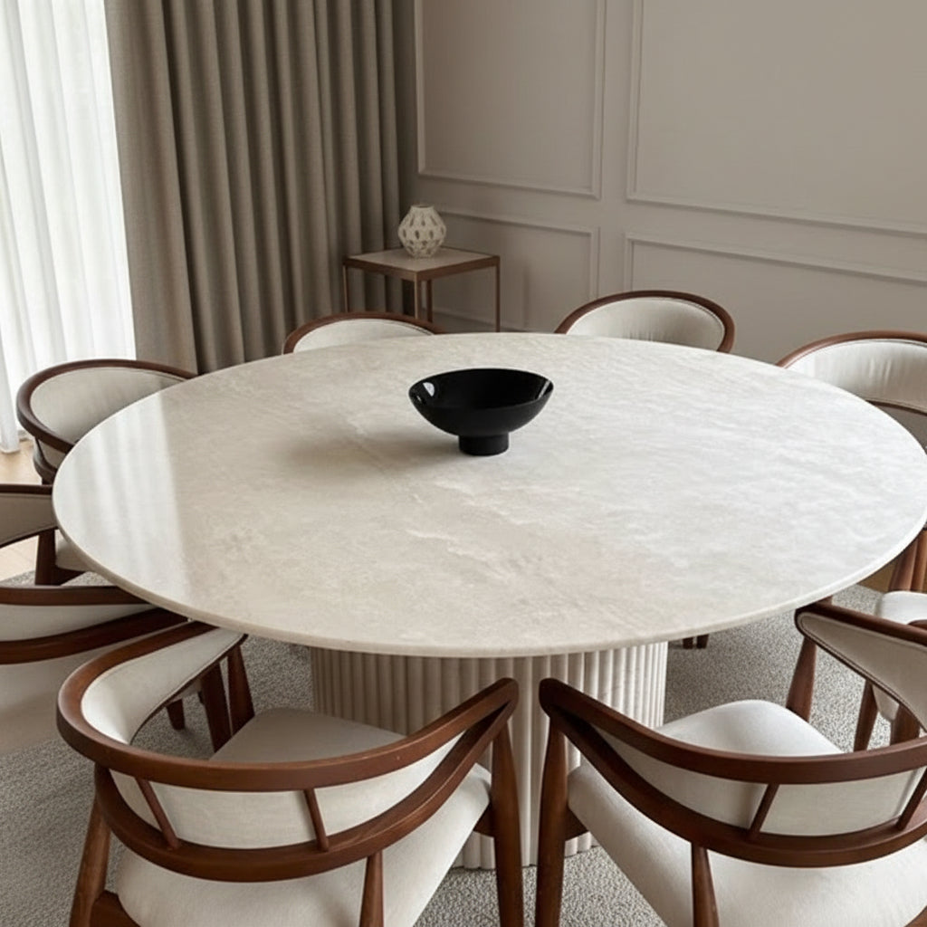 Royal | SereneShores Marble Dining Table in Natural Travertine Marble - Beige - 180x180x80 cm