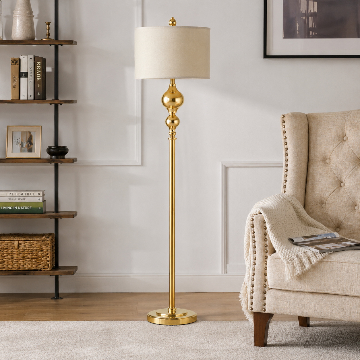 Natural Linen Shade Gold Floor Lamp