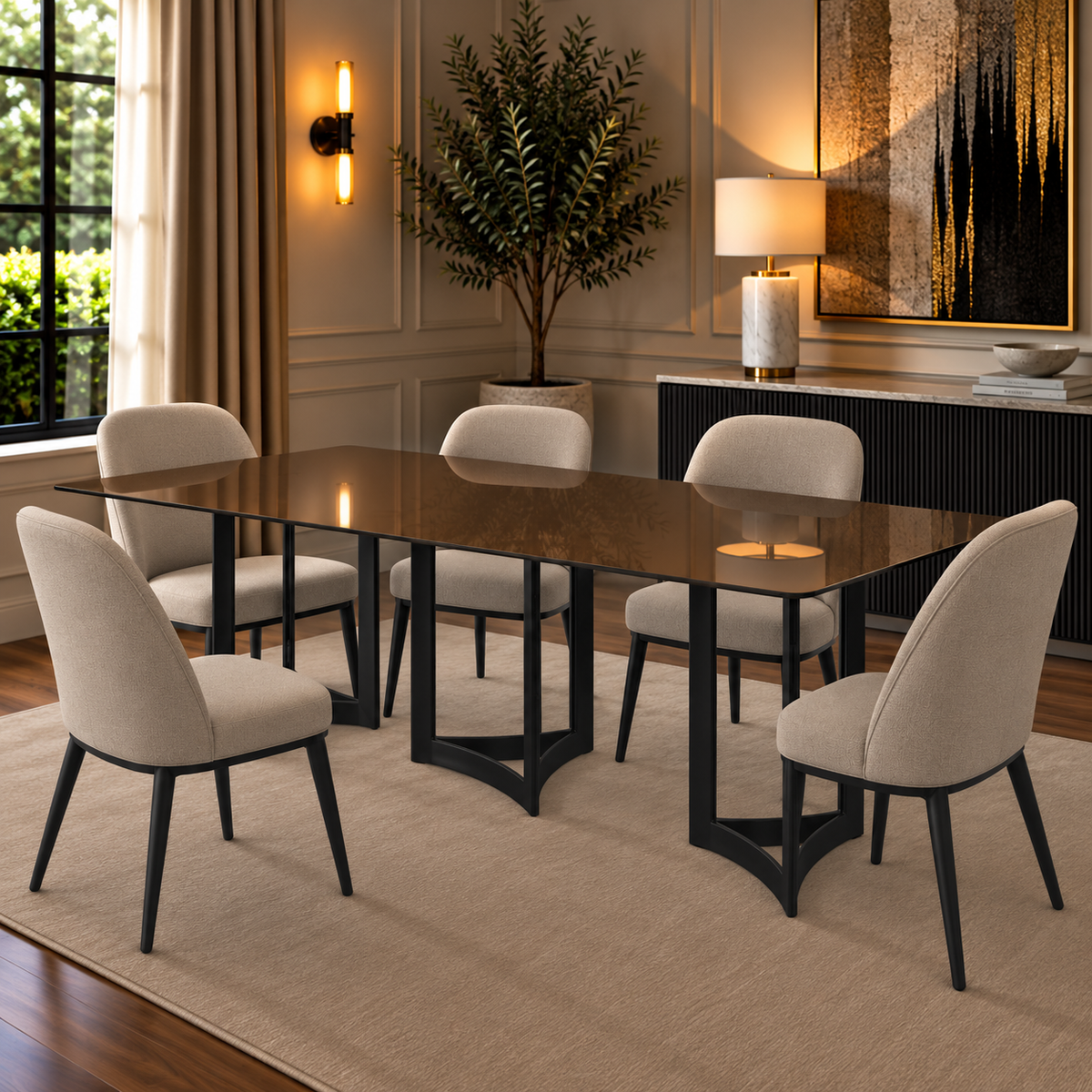 Alexa Dining Table Black Base and 295 CM Gold Glass