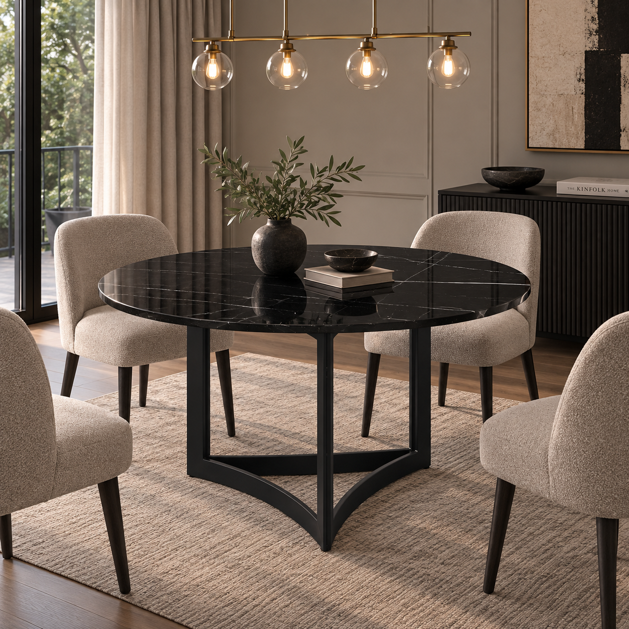 Alexa Dining Table Black Base and 130 CM Round Black Marble