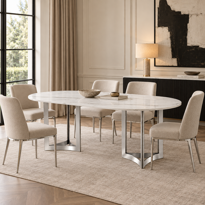 Alexa Dining Table Silver Base and 200 CM Oval White Marble