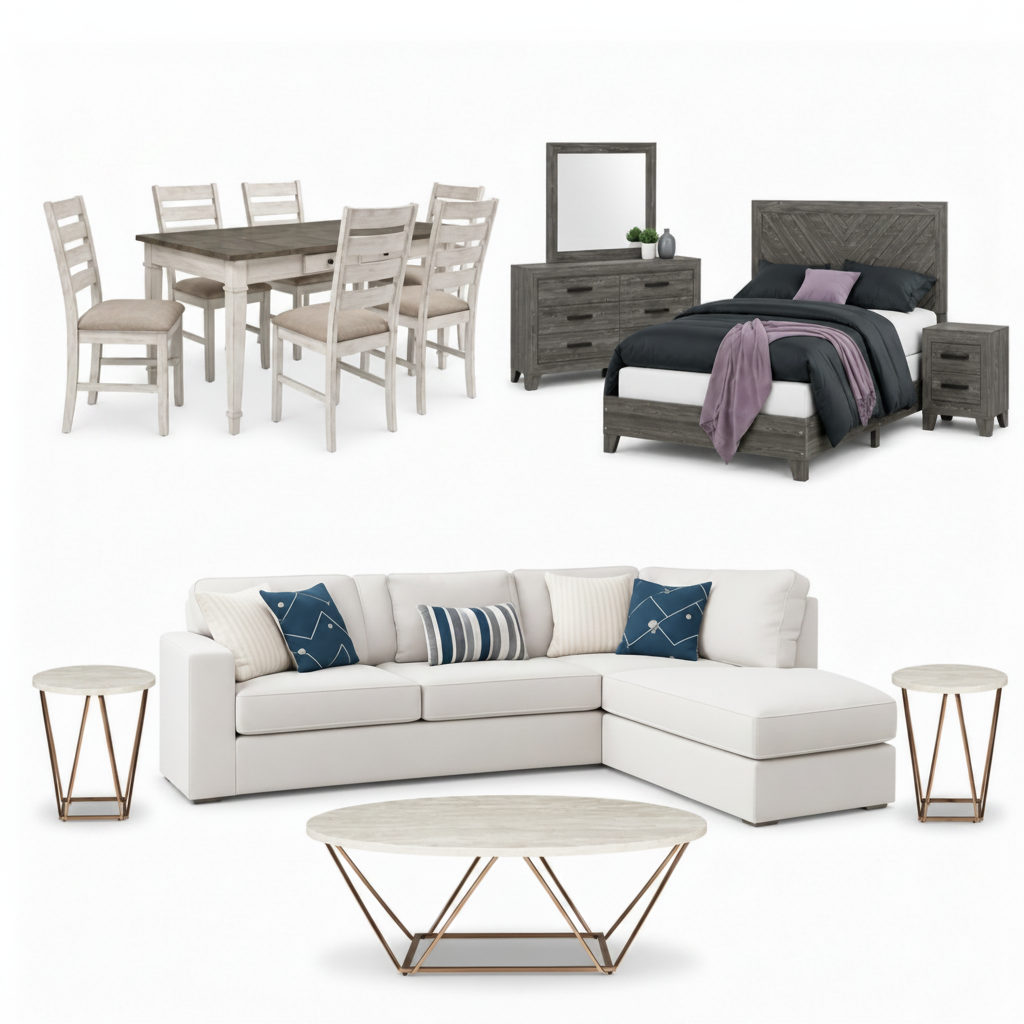 A furniture bundle set featuring a white sectional sofa, a gray wood dining set, a gray wood bed frame, a gray wood dresser, and two matching side tables with gold-tone legs, all displayed on a clean white background.