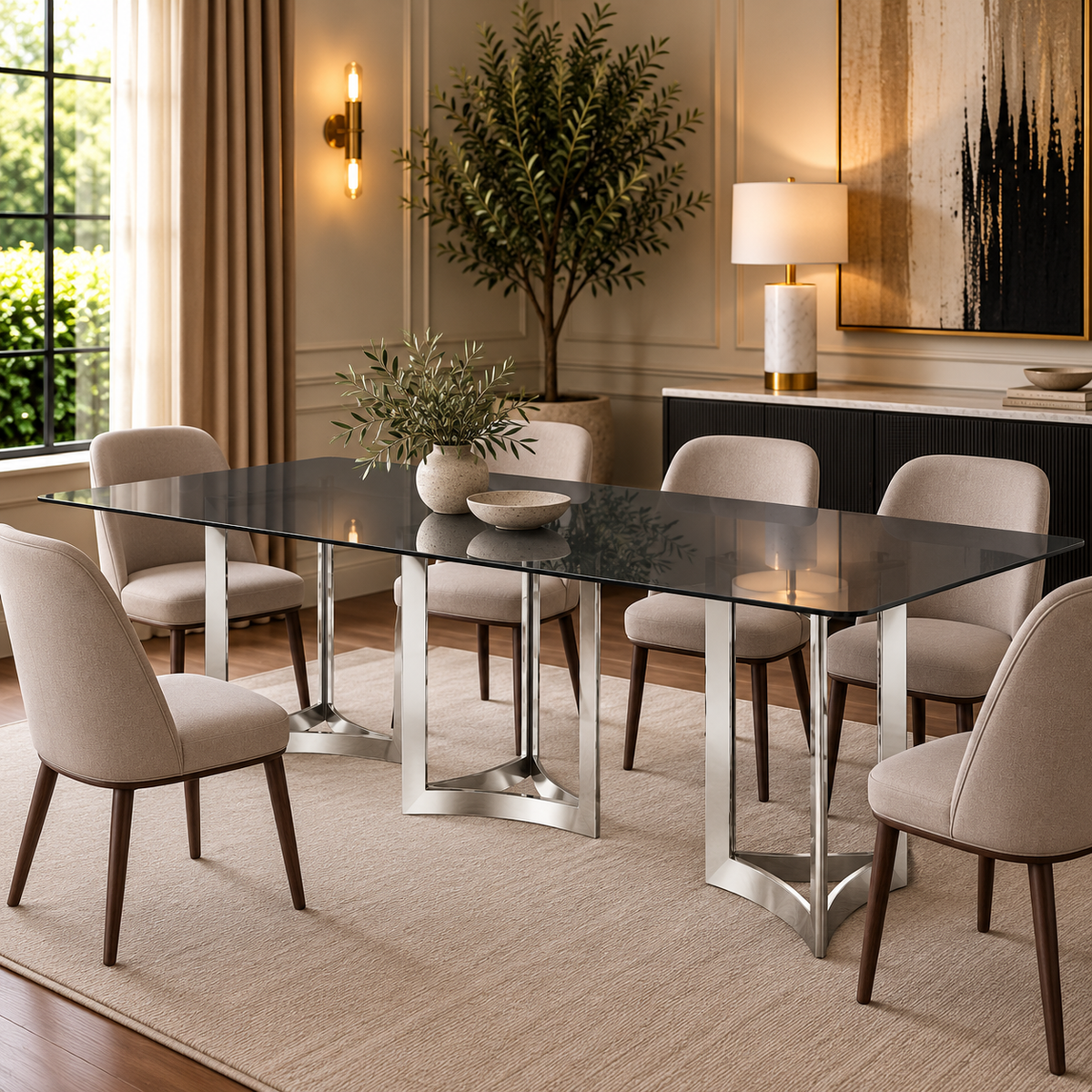 Alexa Dining Table Silver Base and 350 CM Gray Glass