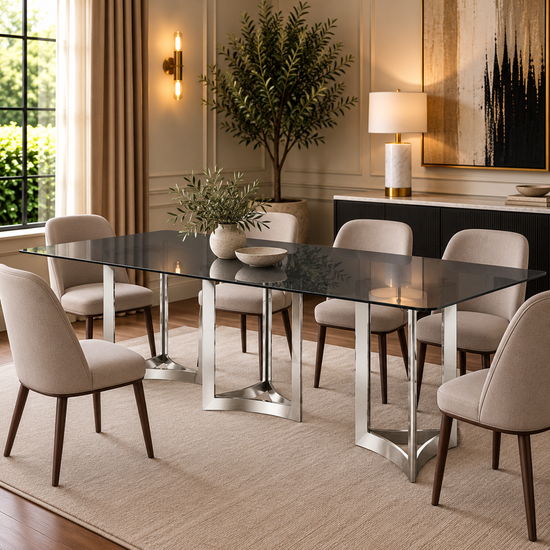 Alexa Dining Table Silver Base and 350 CM Gray Glass