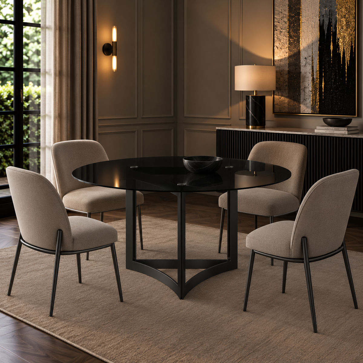 Alexa Dining Table Black Base and 180 CM Round Black Glass