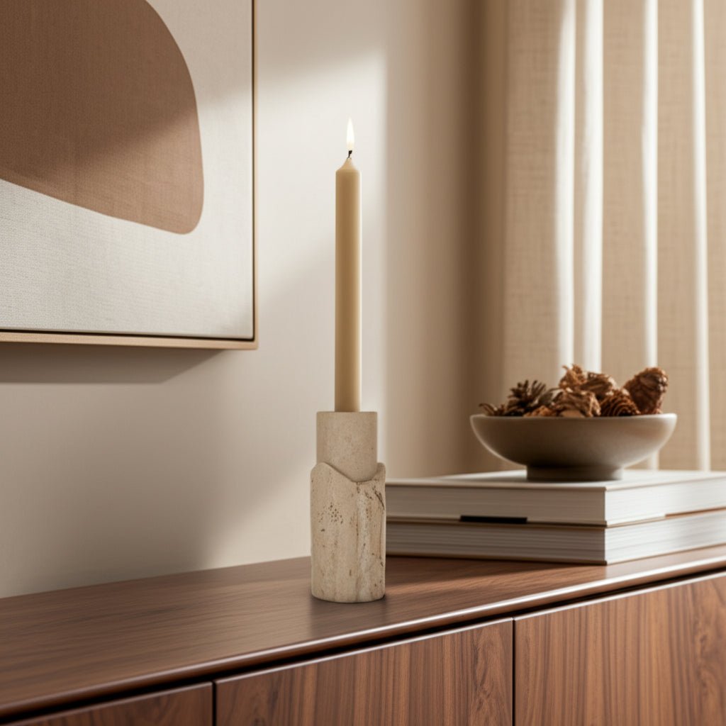 5X2" RAW EDGE TRAVERTINE TAPER HOLDER, TAN Candle Holders| Sagebrook Home