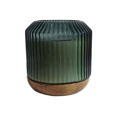 6" 42oz Glass Candle W/ Wood Base, Green - Al Rugaib Furniture