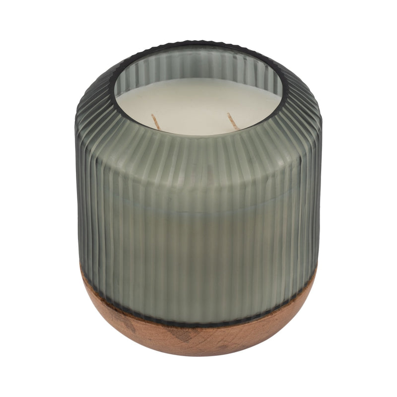 6" 42oz Glass Candle W/ Wood Base, Green - Al Rugaib Furniture