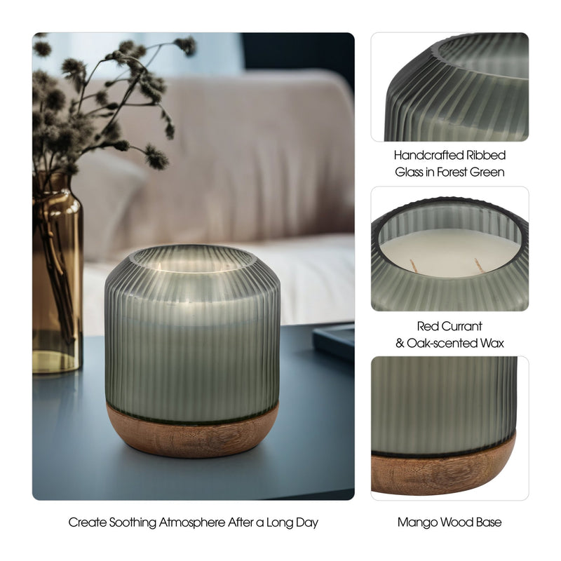 6" 42oz Glass Candle W/ Wood Base, Green - Al Rugaib Furniture