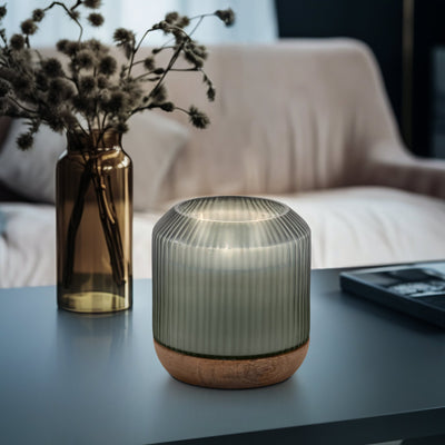 6" 42oz Glass Candle W/ Wood Base, Green - Al Rugaib Furniture