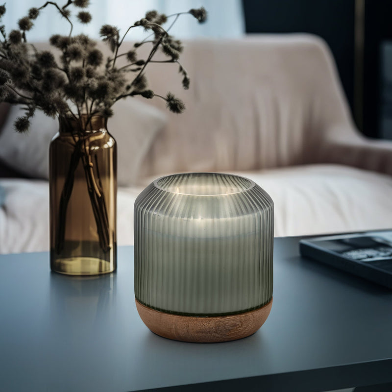 6" 42oz Glass Candle W/ Wood Base, Green - Al Rugaib Furniture