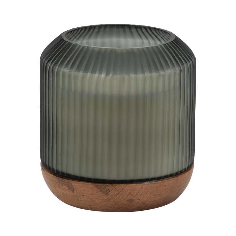 6" 42oz Glass Candle W/ Wood Base, Green - Al Rugaib Furniture
