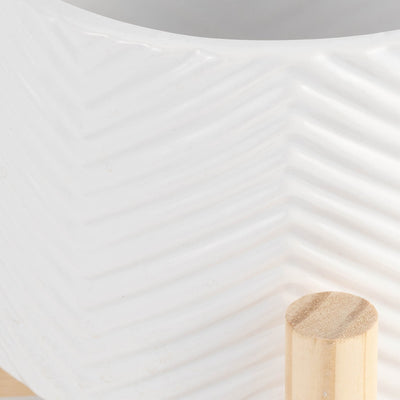 6" CERAMIC CHEVRON PLANTER W/ WOOD STAND, WHITE - Al Rugaib Furniture