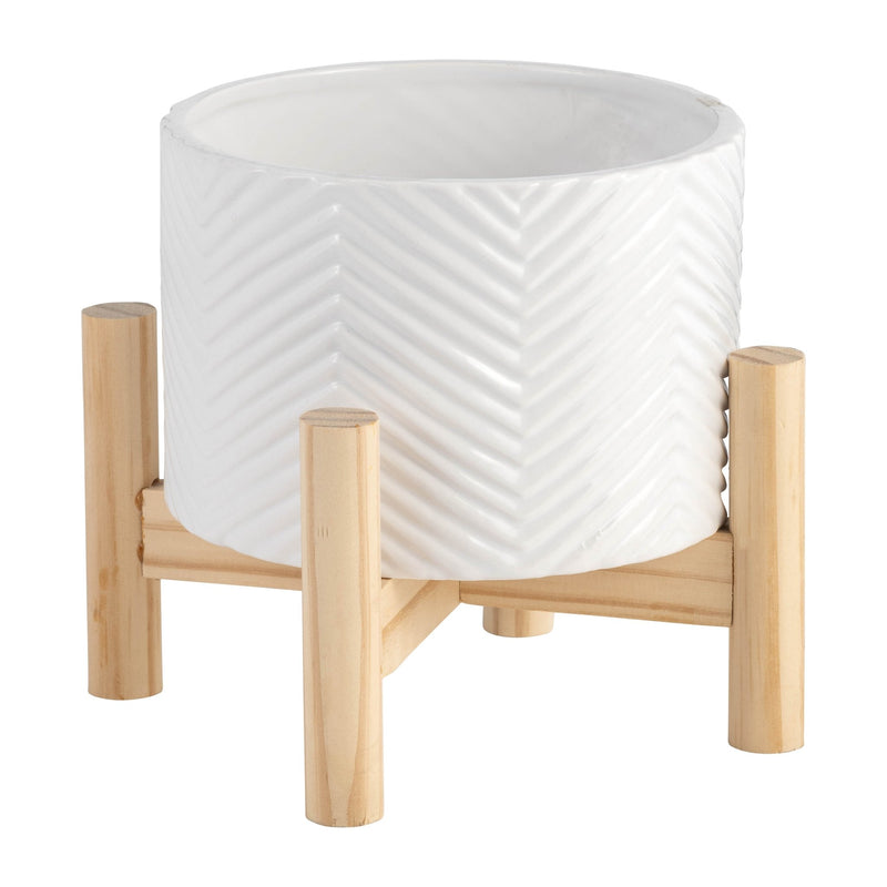 6" CERAMIC CHEVRON PLANTER W/ WOOD STAND, WHITE - Al Rugaib Furniture