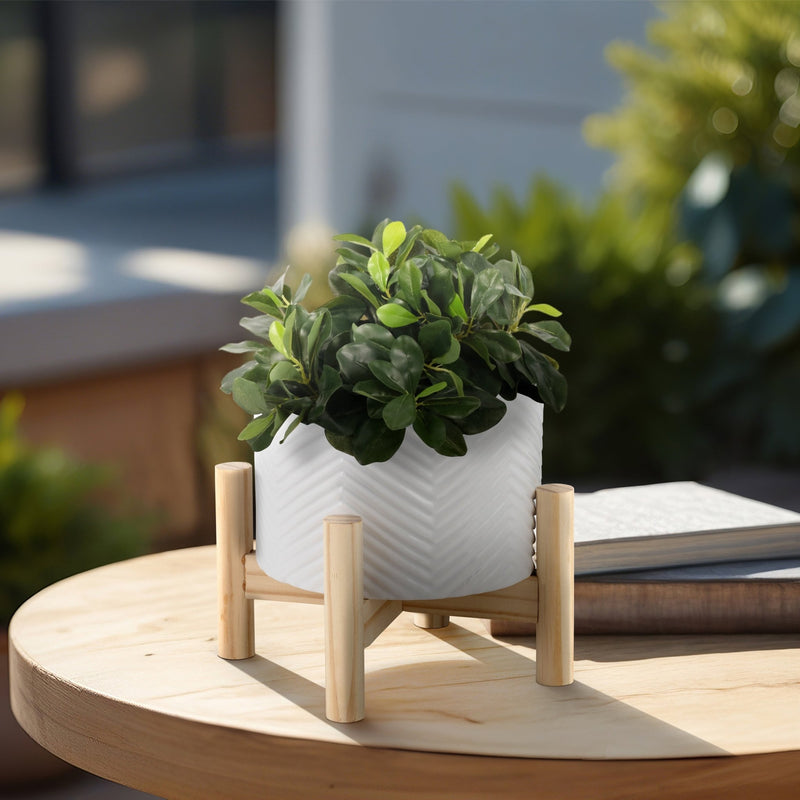 6" CERAMIC CHEVRON PLANTER W/ WOOD STAND, WHITE - Al Rugaib Furniture