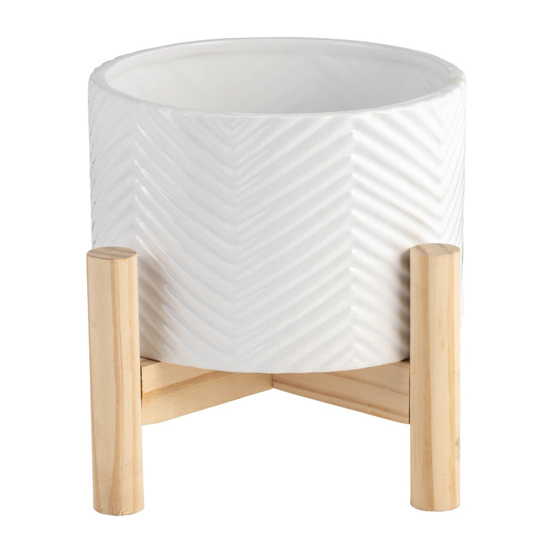 6" CERAMIC CHEVRON PLANTER W/ WOOD STAND, WHITE - Al Rugaib Furniture