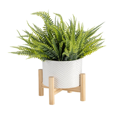 6" CERAMIC CHEVRON PLANTER W/ WOOD STAND, WHITE - Al Rugaib Furniture