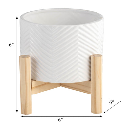 6" CERAMIC CHEVRON PLANTER W/ WOOD STAND, WHITE - Al Rugaib Furniture