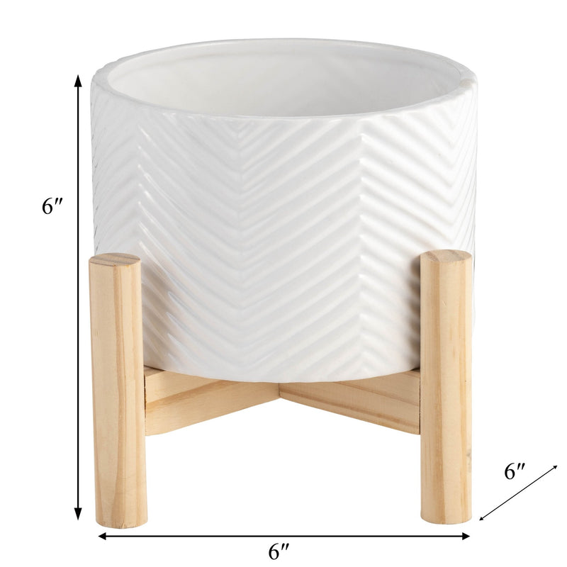 6" CERAMIC CHEVRON PLANTER W/ WOOD STAND, WHITE - Al Rugaib Furniture