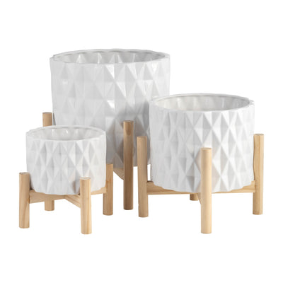 6" CERAMIC DIAMOND PLANTER W/ WOOD STAND, WHITE - Al Rugaib Furniture