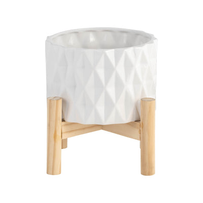 6" CERAMIC DIAMOND PLANTER W/ WOOD STAND, WHITE - Al Rugaib Furniture