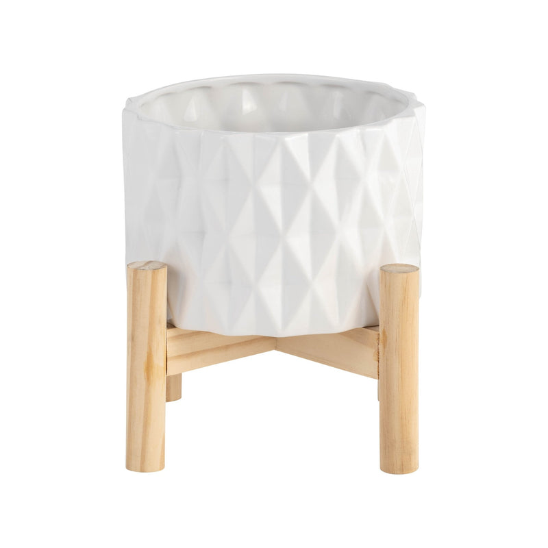 6" CERAMIC DIAMOND PLANTER W/ WOOD STAND, WHITE - Al Rugaib Furniture