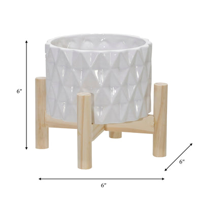 6" CERAMIC DIAMOND PLANTER W/ WOOD STAND, WHITE - Al Rugaib Furniture