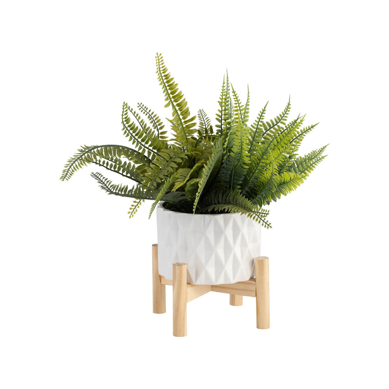 6" CERAMIC DIAMOND PLANTER W/ WOOD STAND, WHITE - Al Rugaib Furniture