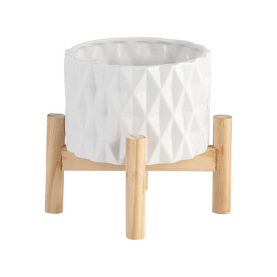 6" CERAMIC DIAMOND PLANTER W/ WOOD STAND, WHITE - Al Rugaib Furniture