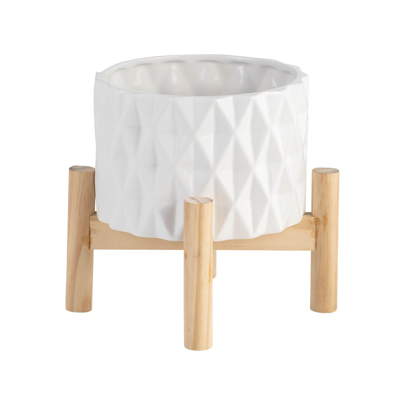 6" CERAMIC DIAMOND PLANTER W/ WOOD STAND, WHITE - Al Rugaib Furniture
