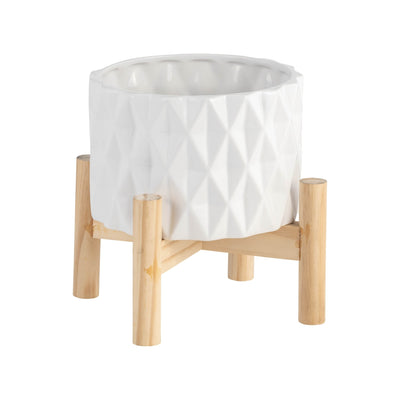 6" CERAMIC DIAMOND PLANTER W/ WOOD STAND, WHITE - Al Rugaib Furniture