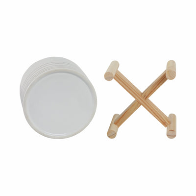 6" CERAMIC METALLIC PLANTER W/ WOOD STAND, WHITE - Al Rugaib Furniture