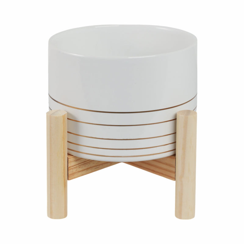 6" CERAMIC METALLIC PLANTER W/ WOOD STAND, WHITE - Al Rugaib Furniture