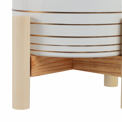 6" CERAMIC METALLIC PLANTER W/ WOOD STAND, WHITE - Al Rugaib Furniture