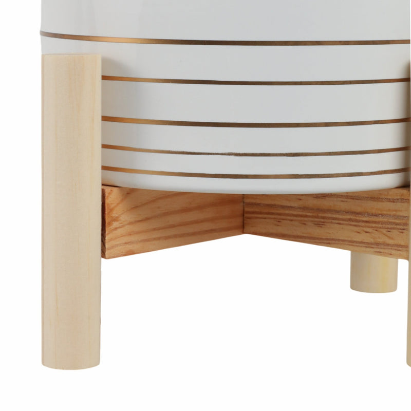 6" CERAMIC METALLIC PLANTER W/ WOOD STAND, WHITE - Al Rugaib Furniture