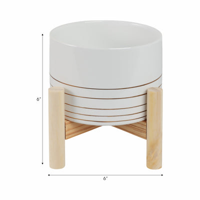 6" CERAMIC METALLIC PLANTER W/ WOOD STAND, WHITE - Al Rugaib Furniture