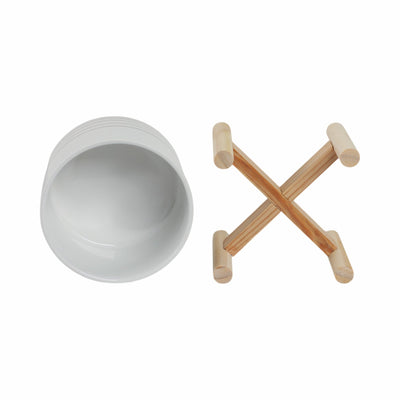 6" CERAMIC METALLIC PLANTER W/ WOOD STAND, WHITE - Al Rugaib Furniture