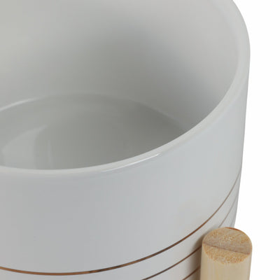 6" CERAMIC METALLIC PLANTER W/ WOOD STAND, WHITE - Al Rugaib Furniture