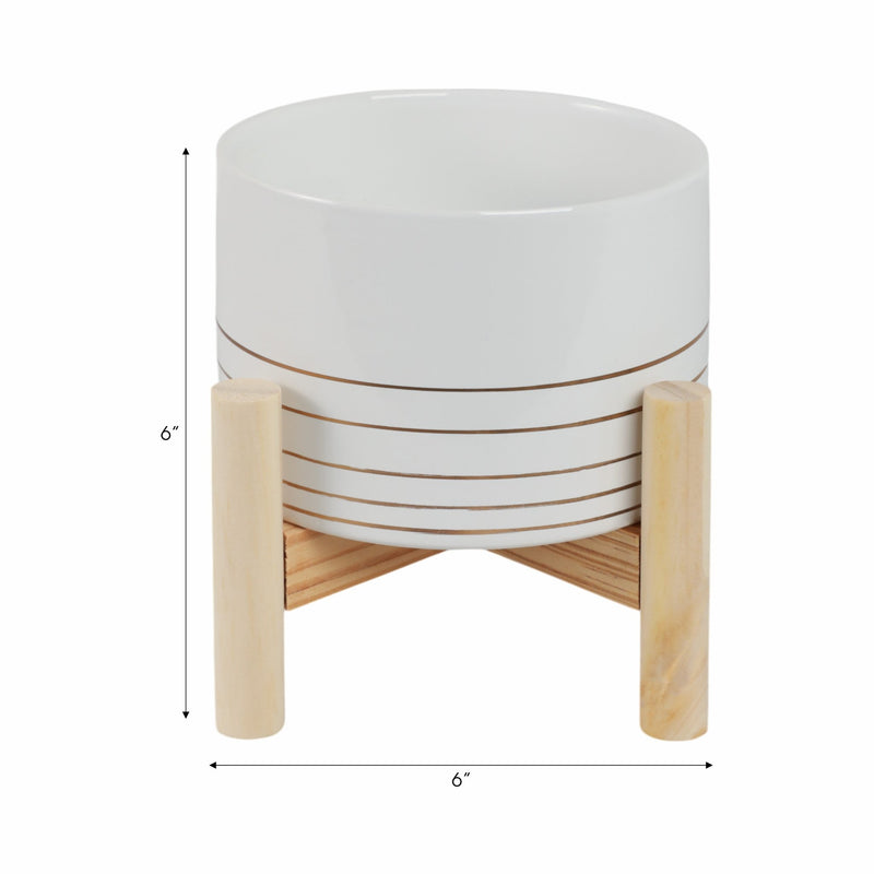 6" CERAMIC METALLIC PLANTER W/ WOOD STAND, WHITE - Al Rugaib Furniture