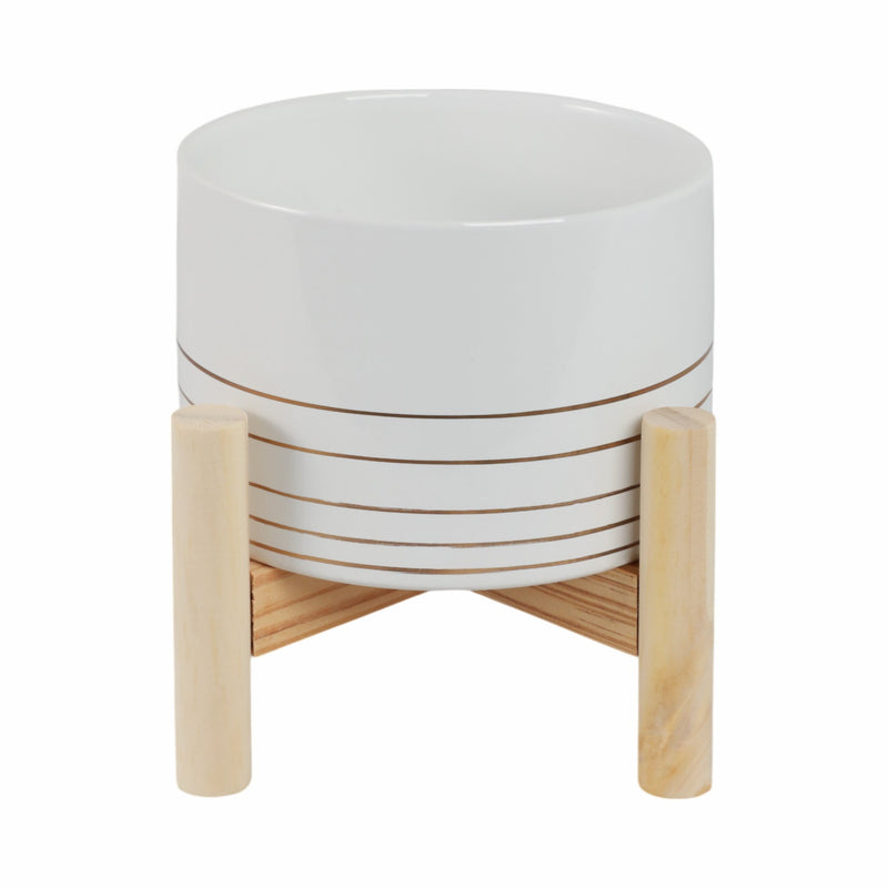 6" CERAMIC METALLIC PLANTER W/ WOOD STAND, WHITE - Al Rugaib Furniture