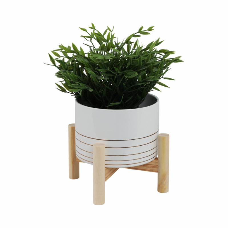 6" CERAMIC METALLIC PLANTER W/ WOOD STAND, WHITE - Al Rugaib Furniture