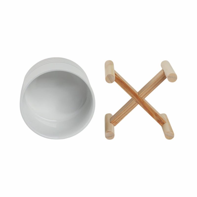 6" CERAMIC METALLIC PLANTER W/ WOOD STAND, WHITE - Al Rugaib Furniture