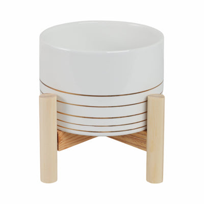 6" CERAMIC METALLIC PLANTER W/ WOOD STAND, WHITE - Al Rugaib Furniture
