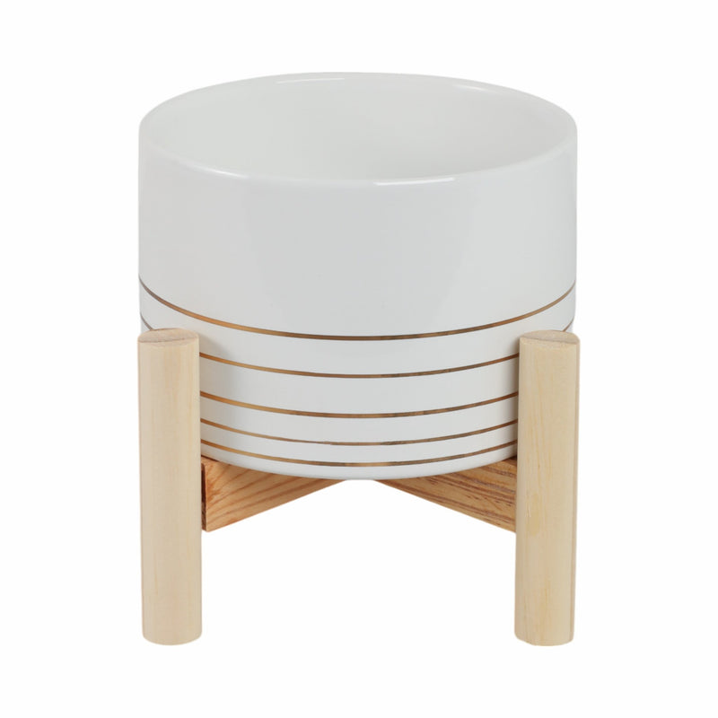 6" CERAMIC METALLIC PLANTER W/ WOOD STAND, WHITE - Al Rugaib Furniture