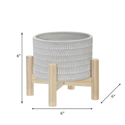 6" CERAMIC TRIBAL PLANTER W/ WOOD STAND, BEIGE - Al Rugaib Furniture